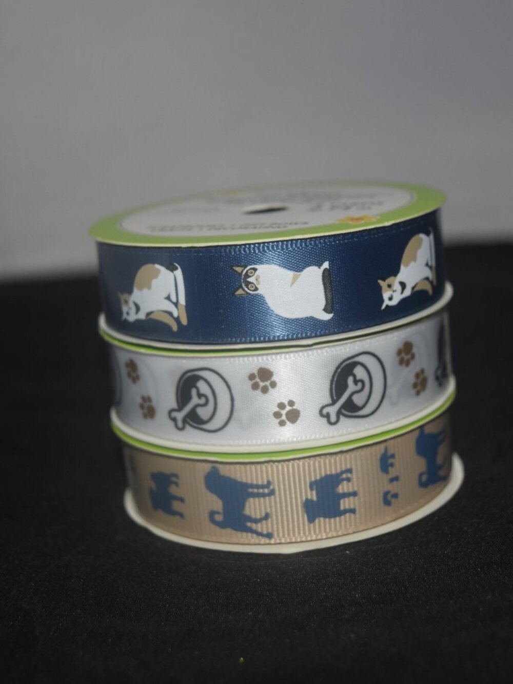 3-Spool Pet Lover's Ribbon Lot - Cute Cats, Paw Prints & Dog Bones